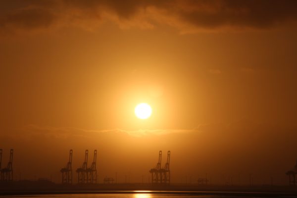 Foto von Verladekränen eines Hafens im Sonnenuntergang. Das Bild ist in einem warmen Orange-Ton fotografiert.