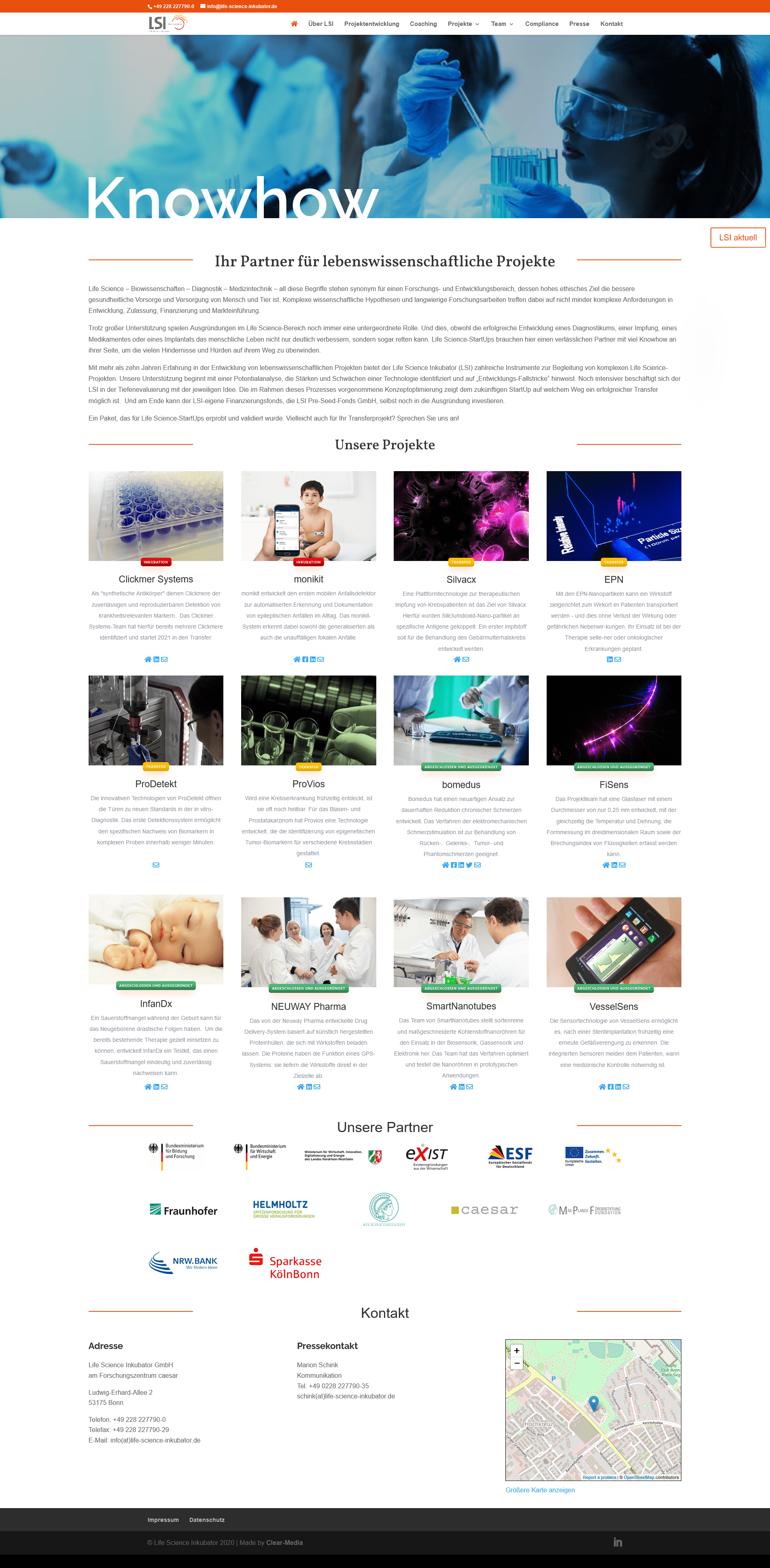 Screenshot der Webseite des Life-Science-Inkubators